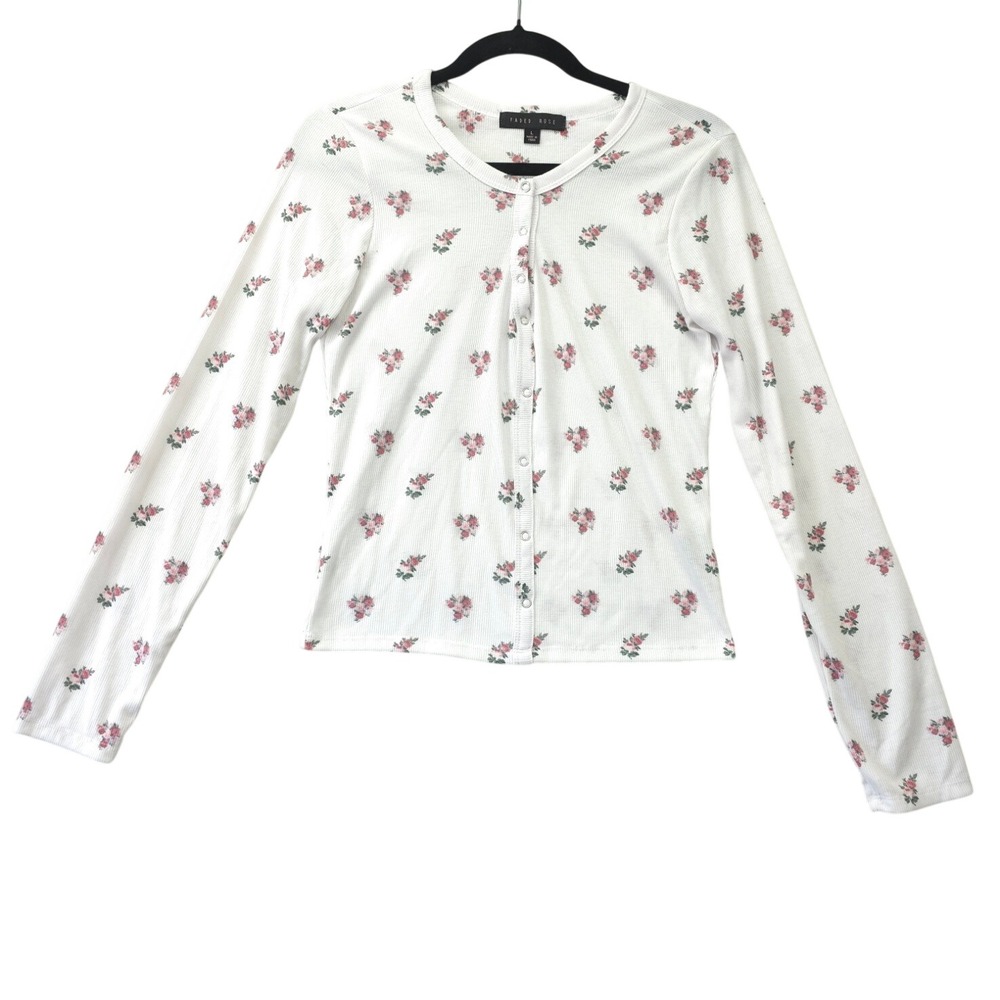 Faded Rose Floral Snap Front Ribbed Cardigan Top White Pink Rosebud Large XL
